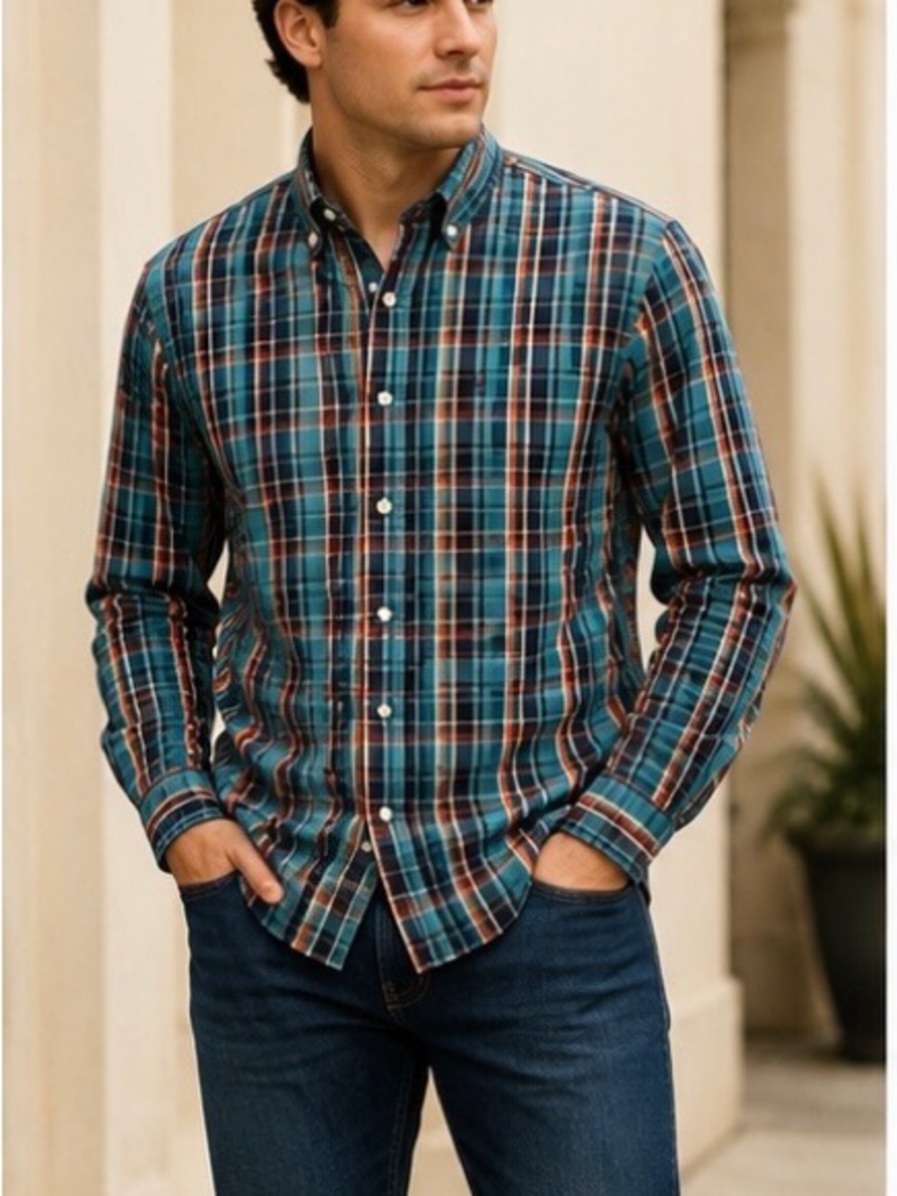 Chaps Teal & Navy Plaid Button-Down Shirt